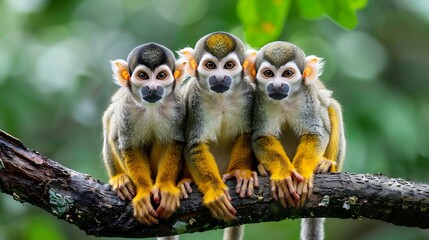 Fototapeta premium Three common squirrel monkeys sitting on a tree branch very close to each other