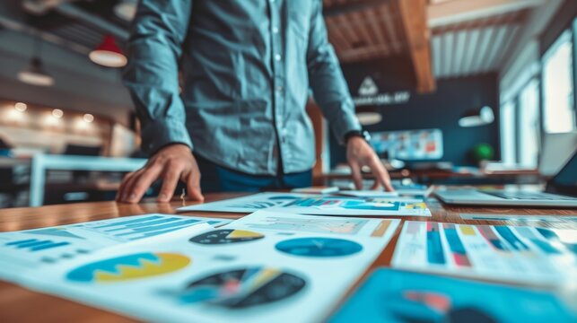 Confident business person analyzing financial reports and graphs.