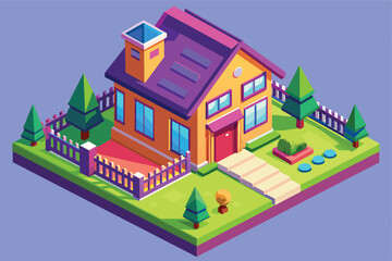 Isometric Vector Illustration of a Charming Modern House with a Fence and Garden