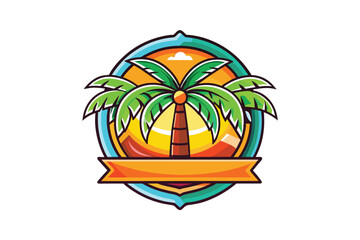 Tropical Palm Tree Badge Logo with Sunset Background Vector Illustration