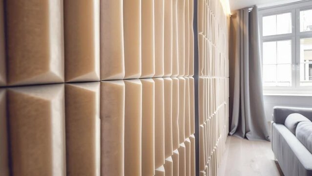 Contemporary living room with a textured padded wall in neutral tones, complemented by soft lighting and large windows. 