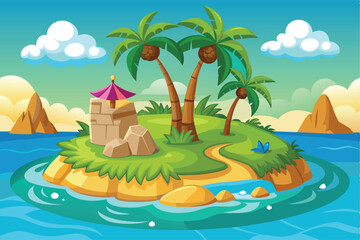 Tropical Island Vector Illustration with Palm Trees and Ocean View