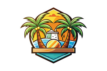 Exotic Beach Sunset Logo with Palm Trees and Lighthouse Vector Illustration