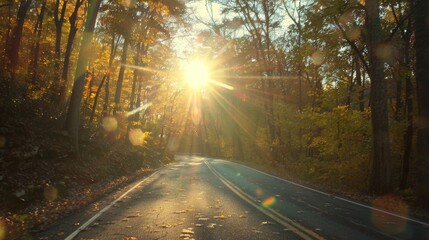 The suns rays filter through the treelined highway casting a warm golden glow upon the road. The vibrant colors of the changing leaves . AI generation.