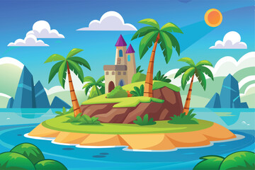 Scenic Tropical Island with Castle and Palm Trees Vector Illustration