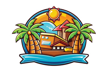 Summer Beach Resort Vector Logo with Palm Trees and Sun