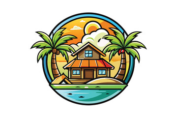 Tropical Beach House Vector Illustration with Palm Trees