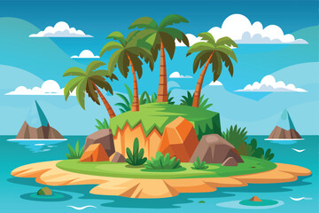 Scenic Tropical Island Vector Illustration with Palm Trees