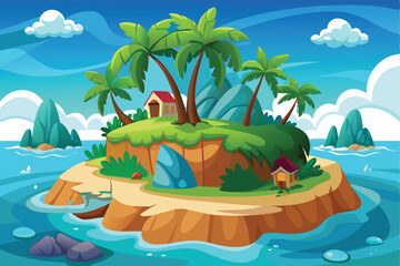 Tropical Island Vector Illustration with Palm Trees and Huts
