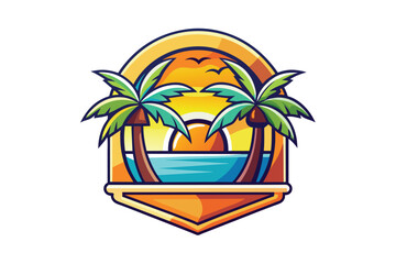 Tropical Palm Tree Sunset Badge Vector Illustration