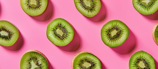 Fototapeta premium Fresh kiwi slices arranged in a vibrant fruit pattern against a pink backdrop, viewed from above.