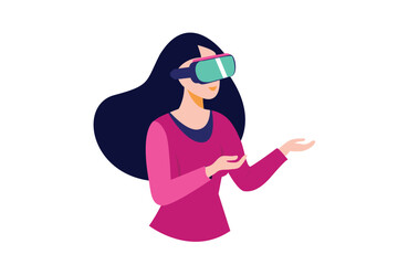 Woman plays VR games using glasses to immerse herself in virtual reality and metaverse, Flat vector illustration with woman wearing virtual reality glasses. vector illustration