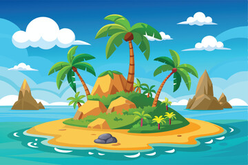 Vector Illustration of a Tropical Island with Palm Trees and Scenic Ocean View