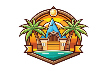 Tropical Island Resort Logo with Palm Trees and Mountains