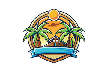 Tropical Beach Resort Logo with Palm Trees and Sun