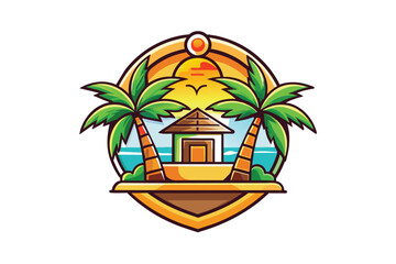 Tropical Vector Illustration Beach Hut Logo with Palm Trees and Sunset