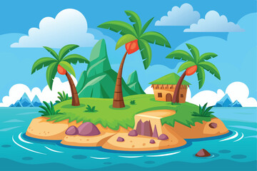 Tropical Paradise Vector Illustration Island Hut with Palm Trees