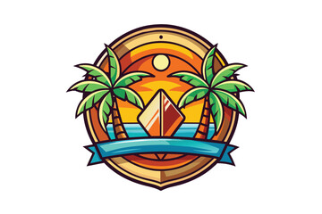 Sunset Palm Tree Beach Badge - Tropical Vector Illustration