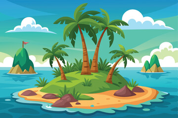 Tropical Island with Palm Trees - Vector Illustration
