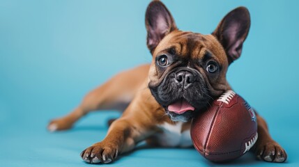 A studio photo of a French Bulldog holding a football in its mouth on a blue background.