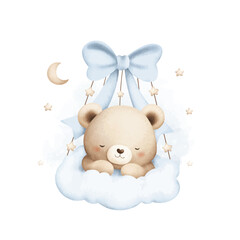 Watercolor Illustration Cute Baby Teddy Bear Sleeps on Cloud with Moon and Stars