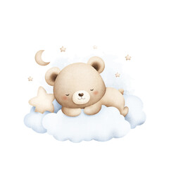 Watercolor Illustration Cute Baby Teddy Bear Sleeps on Cloud with Moon and Stars