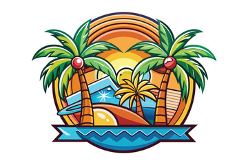 Tropical Beach Resort with Palm Trees and Surfboards - Vector Illustration