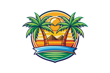 Vector Illustration Tropical Palm Trees and Sunset with Pyramids 