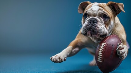 A determined bulldog playing with a football.