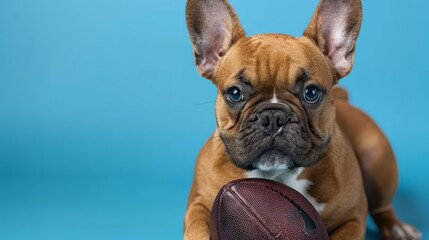 A cute French Bulldog is holding a football in its mouth. It is looking at the camera with a serious expression. The background is blue.