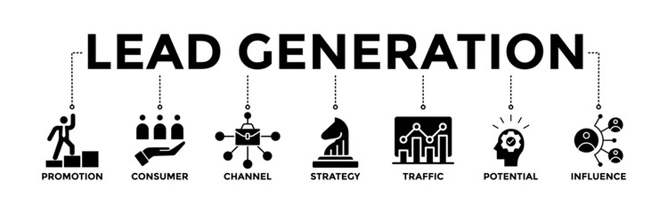 Lead generation banner icons set. Vector graphic glyph style with icon of promotion, consumer, channel, strategy, traffic, potential, and influence	
