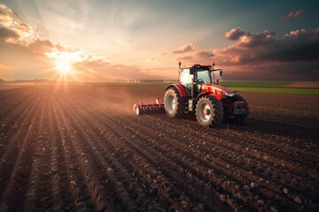 Obraz premium Agricultural scene - a tractor plowing the field, turning the soil for the new planting season, enhancing crop growth, and contributing to sustainable farming practices.