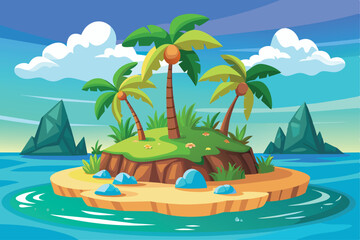 Tropical Island House Vector Illustration with Palm Trees and Ocean View
