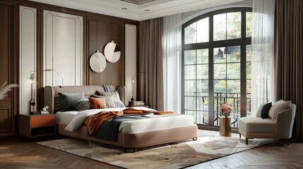 Obraz premium Spacious luxury bedroom with dark wood wall panels and an elegant bed setup positioned near a large window for home editorial.