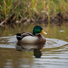Obraz premium A male mallard duck with iridescent green head feathers and orange webbed feet stands on a rocky edge by the water, with a soft bokeh of foliage in the background