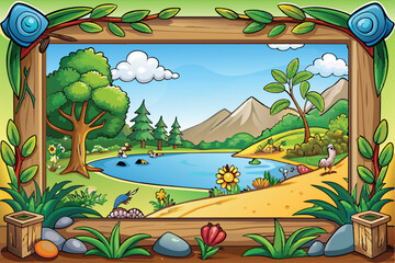Colorful Cartoon Nature Landscape with Framed Scenic View Vector