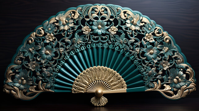 A decorative fan with gold and green accents, adding elegance and vibrancy to any space.