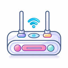 Obraz premium Illustration of a modern wireless router with two antennas and a Wi-Fi symbol above, indicating connectivity.
