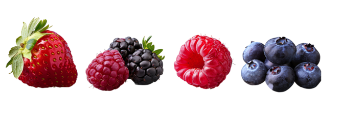 Organic natural punch collection of mixed red strawberry raspberry and blueberry on transparent background. PNG