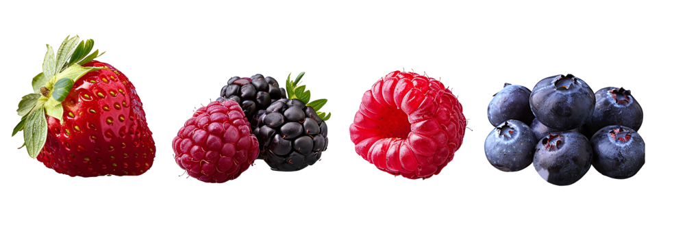 Organic natural punch collection of mixed red strawberry raspberry and blueberry on transparent background. PNG