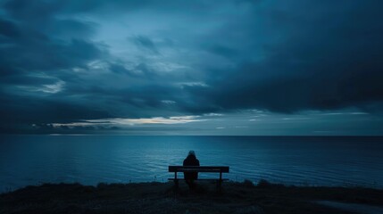 Obraz premium Solitude by the Sea Person Contemplates Ocean's Majesty on Quiet Bench