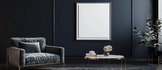 Single square frame on a dark navy wall in a living room with a charcoal gray velvet armchair and a...