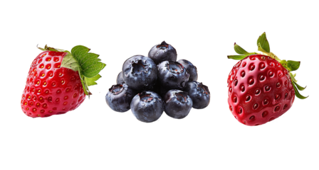 Organic natural punch collection of mixed red strawberry raspberry and blueberry on transparent background. PNG