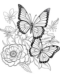 Floral summer background. Black and white seamless pattern. Blooming flowers, butterflies, dragonfly. Roses, peonies, hydrangea. Vintage Template for paper, wallpapers, textiles. Vector illustration.