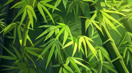 Stylized bamboo leaves, vibrant greens, flat design, clean lines