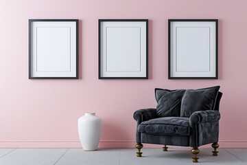 Three square frames on a soft pink wall in a living room interior. The room features a dark gray...