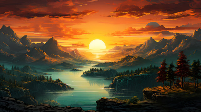 Breathtaking Sunset Over Majestic Mountains and Serene River