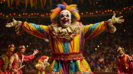 Fototapeta premium With a final bow the clown exits the arena leaving behind a trail of laughter and bright colors.