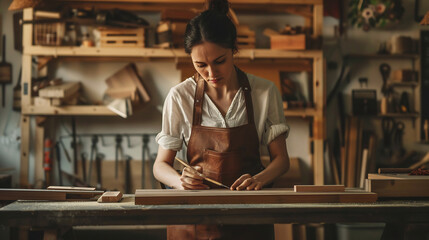 Focused young woman working in a woodworking shop, wearing an apron and using tools, surrounded by shelves of materials and woodworking equipment