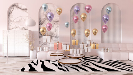 Colorful balloons flying in the room. 3D illustration, 3D rendering